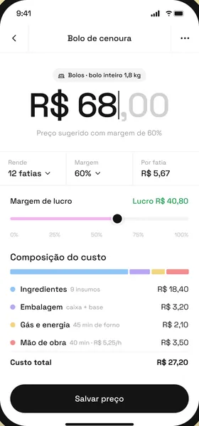 Tela Ficha técnica do fatia.: bolo de cenoura com preço sugerido de R$ 68,00 para margem de 60% e custo total de R$ 27,20