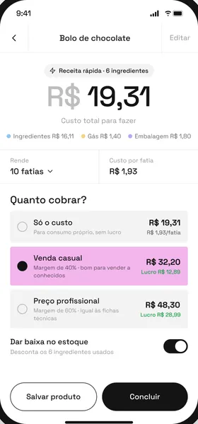 Tela Receita rápida do fatia.: bolo de chocolate com custo de R$ 19,31 e três opções de preço, de R$ 19,31 a R$ 48,30